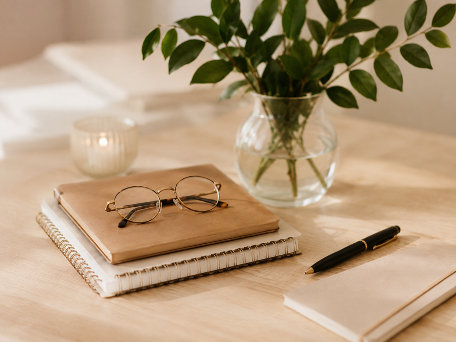 Desk with notebook, glasses, pen, and greenery for business planning and operations work