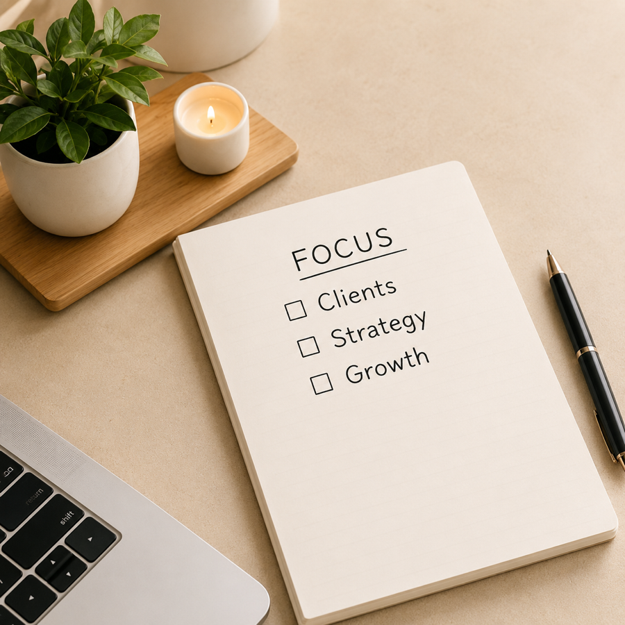 Notebook with focus list beside a plant and candle