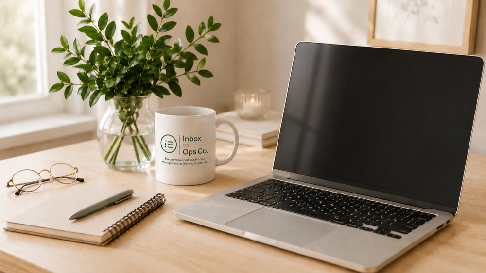 Open laptop, branded mug, notebook, and greenery for virtual executive support work